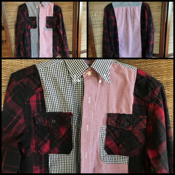 Upcycled Mixed Print Oversized Shirt, S to M: Red Black Gingham, Plaid Flannel - Picture 11 of 11